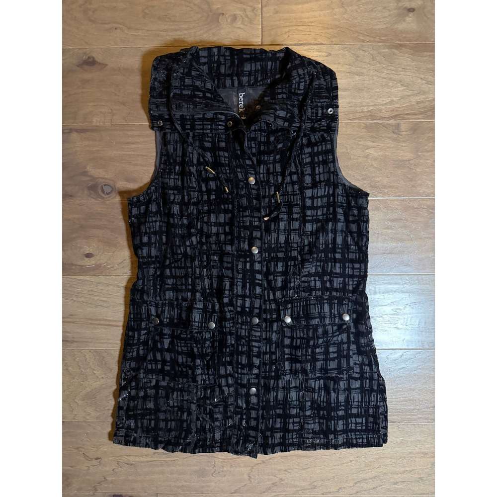 Berek Womens Large‎ Black Metallic Burnout Velvet Snap Front Longline Vest Goth